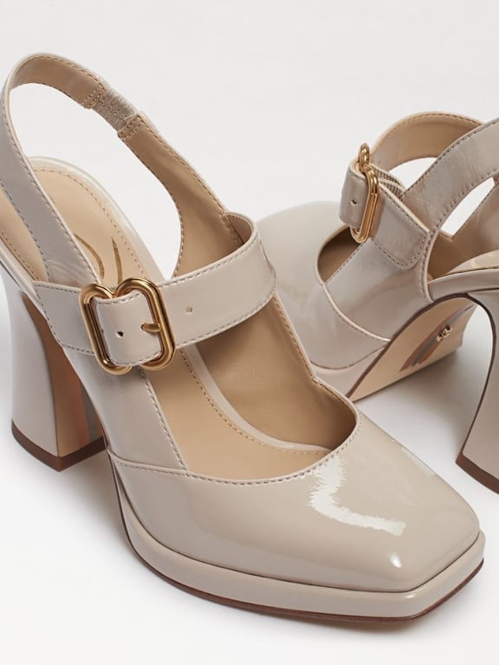 Sam Edelman Cream Patent Slingback Block Heels with Gold Buckle - Picture 7 of 7